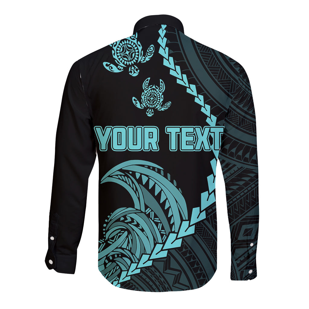 Personalised Guam Long Sleeve Button Shirt Tribal Turtles Curves Style - Turquoise - Wonder Print Shop