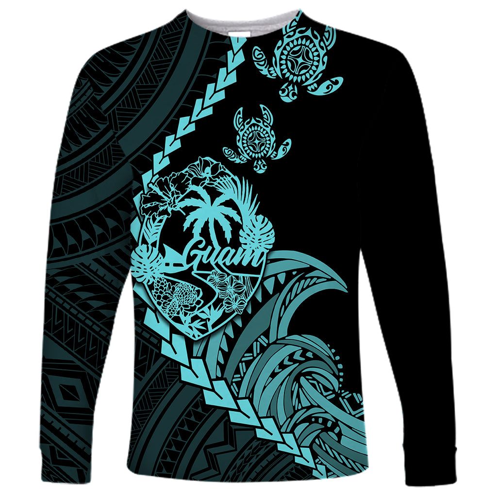 Personalised Guam Long Sleeve Shirt Tribal Turtles Curves Style - Turquoise - Wonder Print Shop