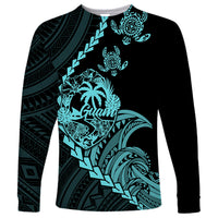 Personalised Guam Long Sleeve Shirt Tribal Turtles Curves Style - Turquoise - Wonder Print Shop