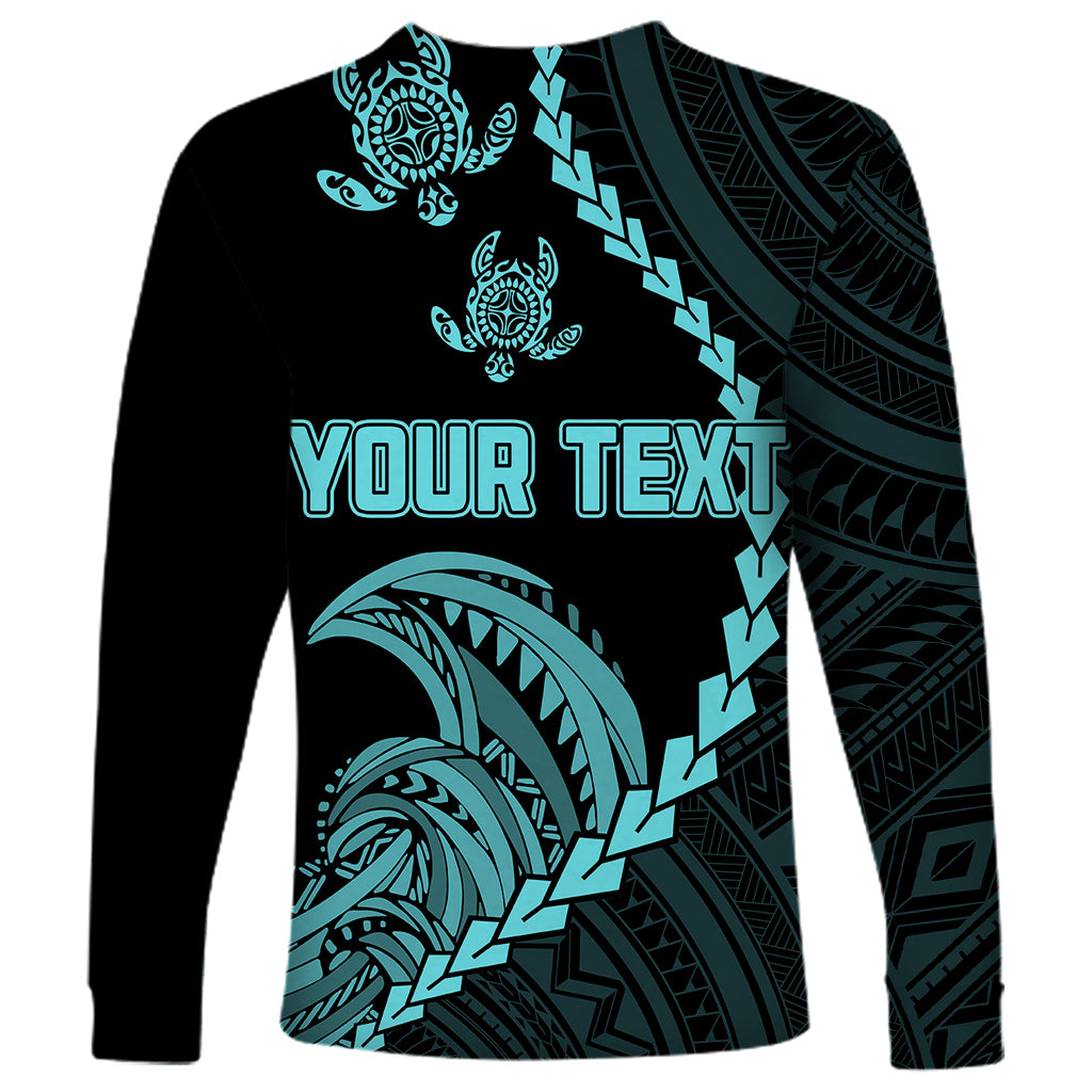Personalised Guam Long Sleeve Shirt Tribal Turtles Curves Style - Turquoise - Wonder Print Shop