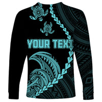 Personalised Guam Long Sleeve Shirt Tribal Turtles Curves Style - Turquoise - Wonder Print Shop