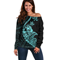 Personalised Guam Off Shoulder Sweater Tribal Turtles Curves Style - Turquoise - Wonder Print Shop