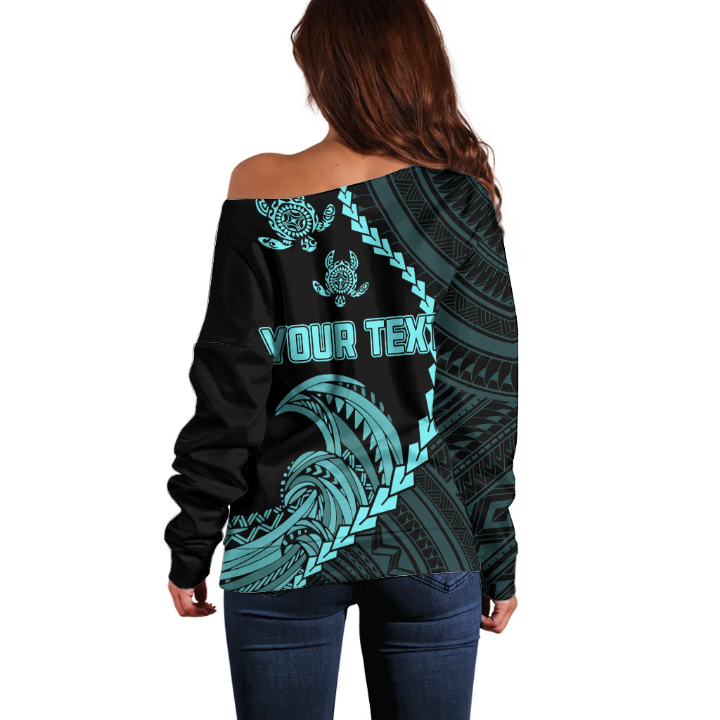Personalised Guam Off Shoulder Sweater Tribal Turtles Curves Style - Turquoise - Wonder Print Shop