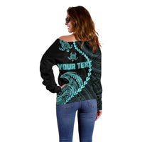 Personalised Guam Off Shoulder Sweater Tribal Turtles Curves Style - Turquoise - Wonder Print Shop