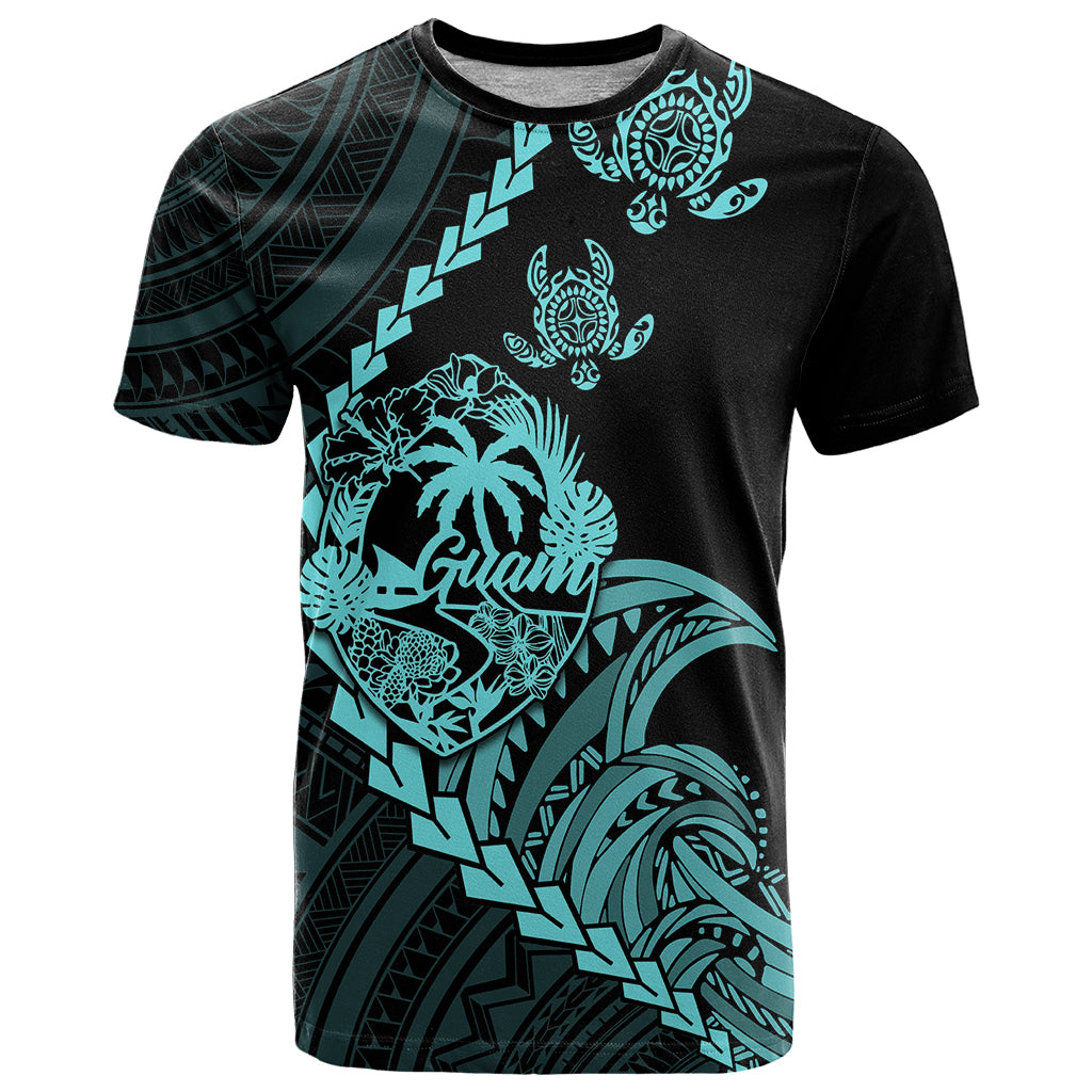 Personalised Guam T Shirt Tribal Turtles Curves Style - Turquoise - Wonder Print Shop