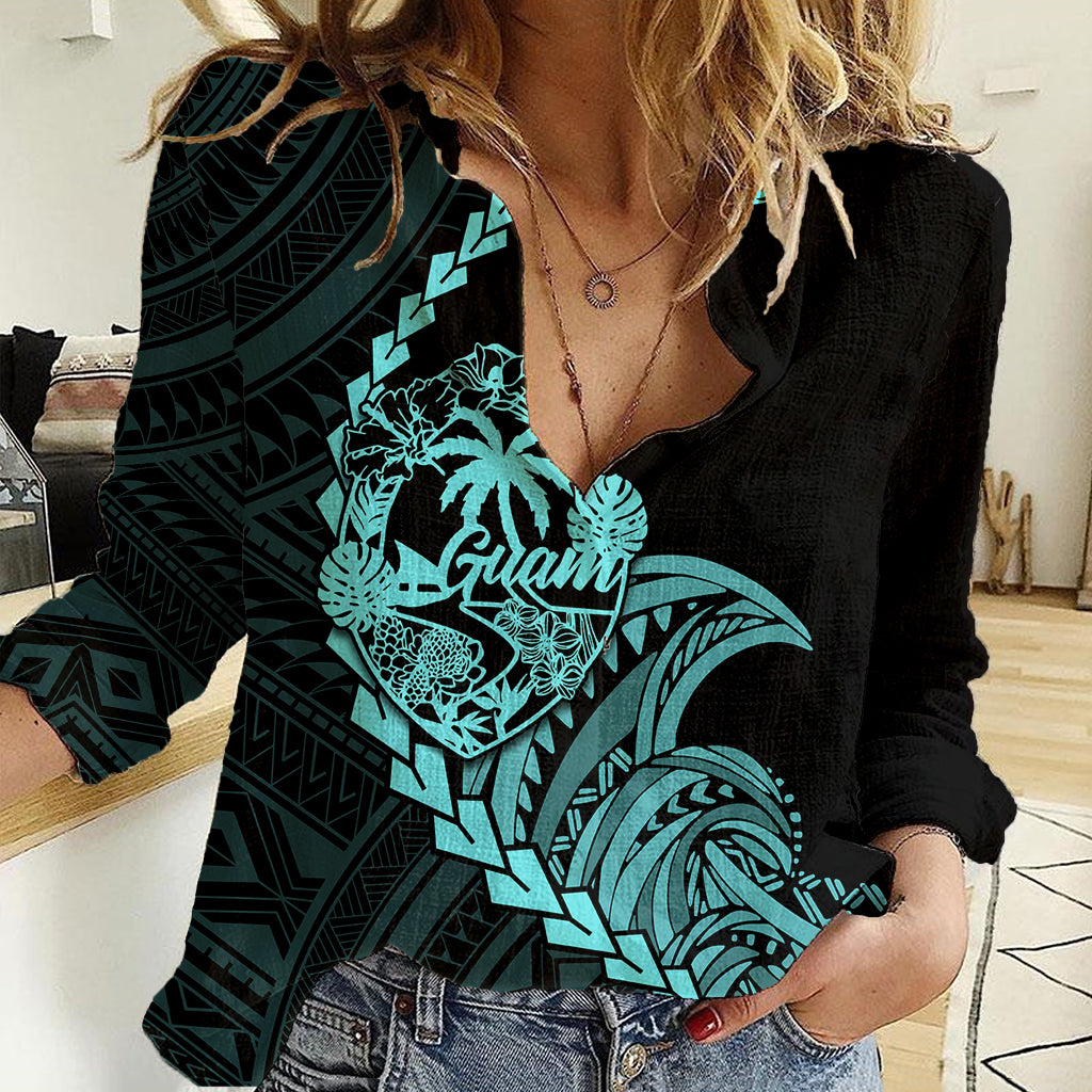 Personalised Guam Women Casual Shirt Tribal Turtles Curves Style - Turquoise - Wonder Print Shop