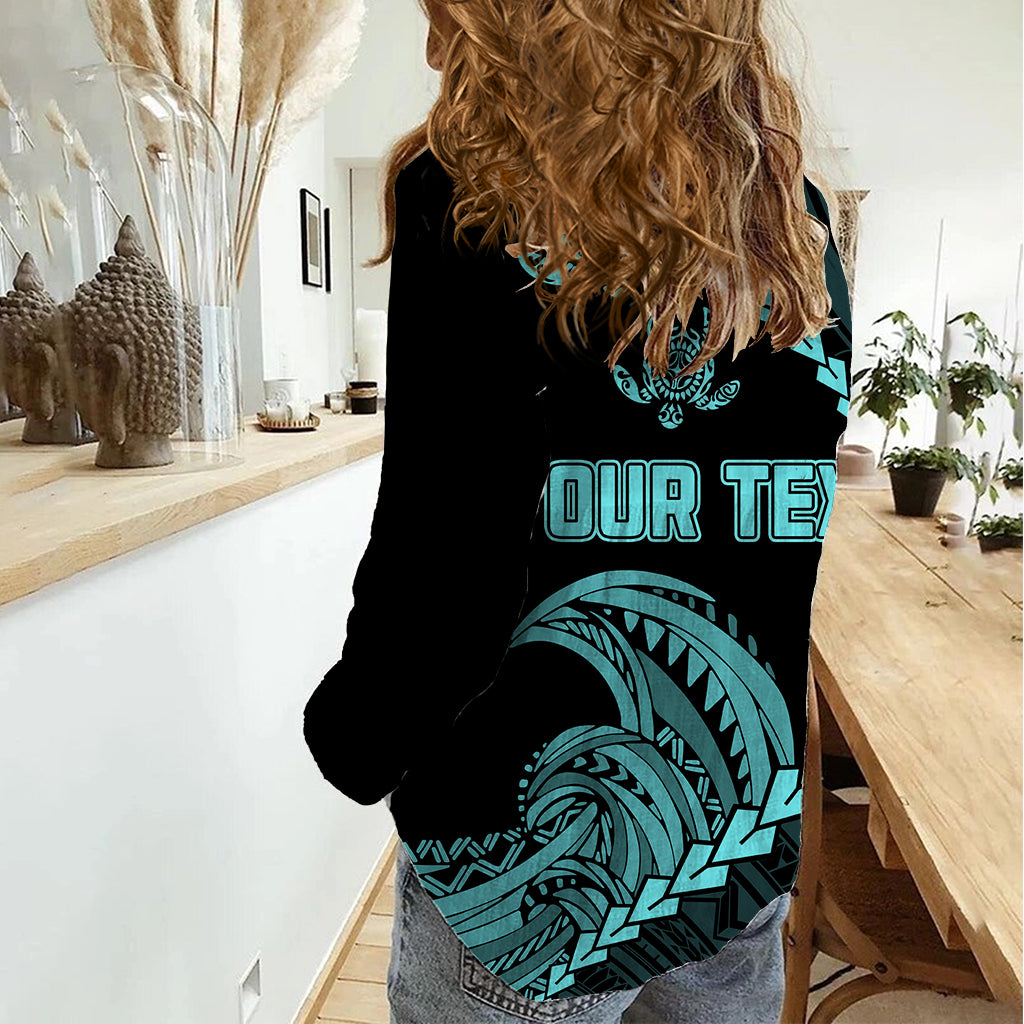 Personalised Guam Women Casual Shirt Tribal Turtles Curves Style - Turquoise - Wonder Print Shop