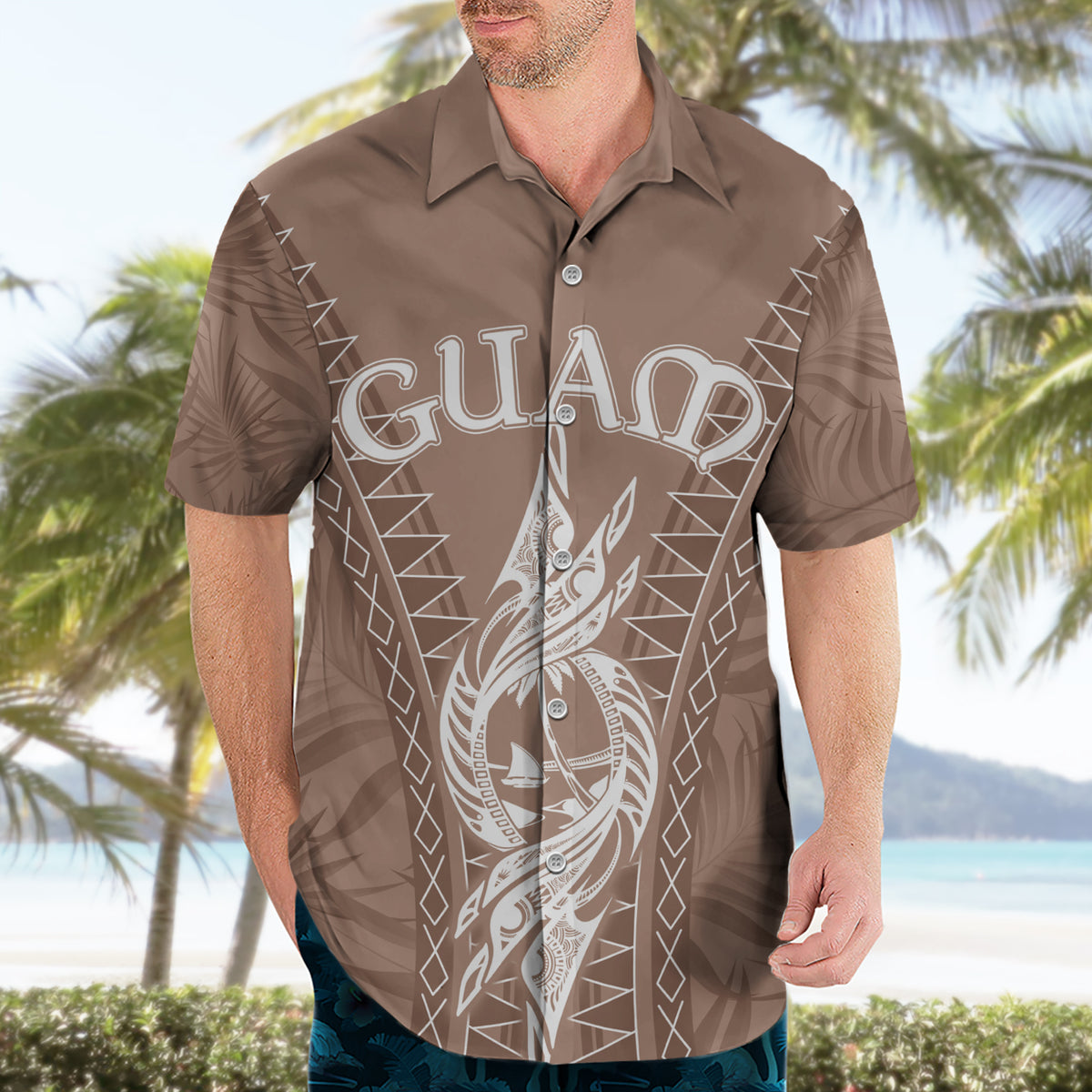 Personalised Guam Hawaiian Shirt Chamoro Latte Stone Mix Tropical - Brown - Wonder Print Shop