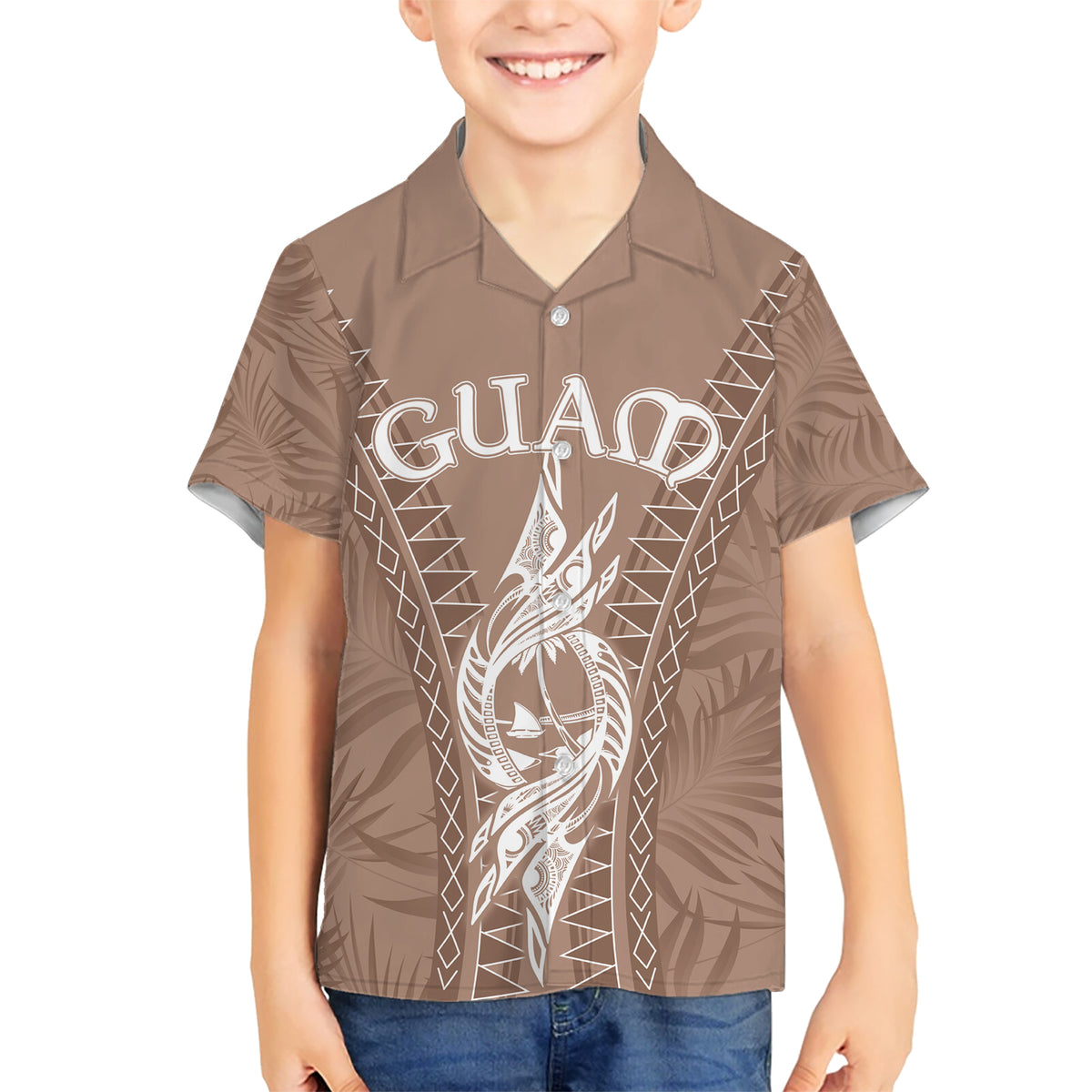 Personalised Guam Hawaiian Shirt Chamoro Latte Stone Mix Tropical - Brown - Wonder Print Shop