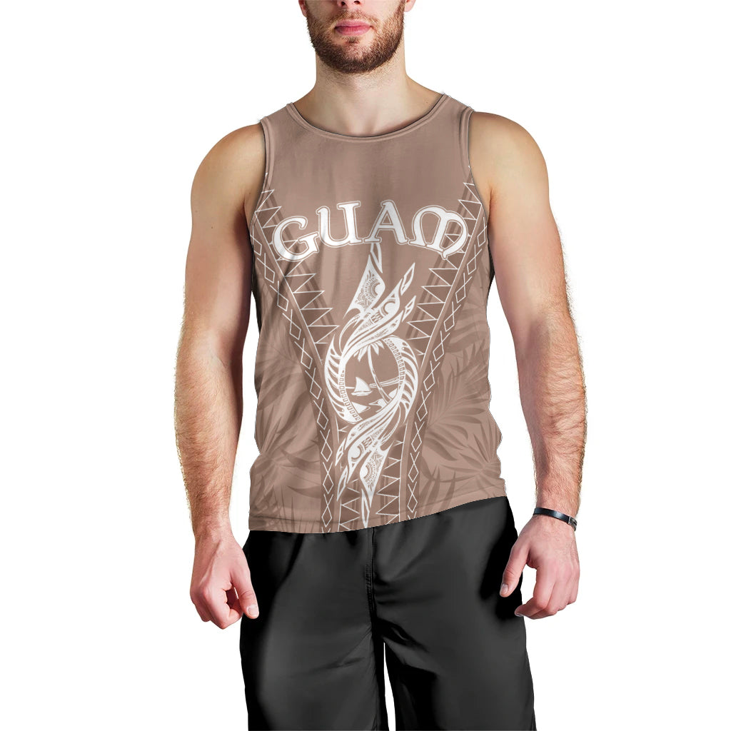 Men's brown tank top with large white Guam logo graphic