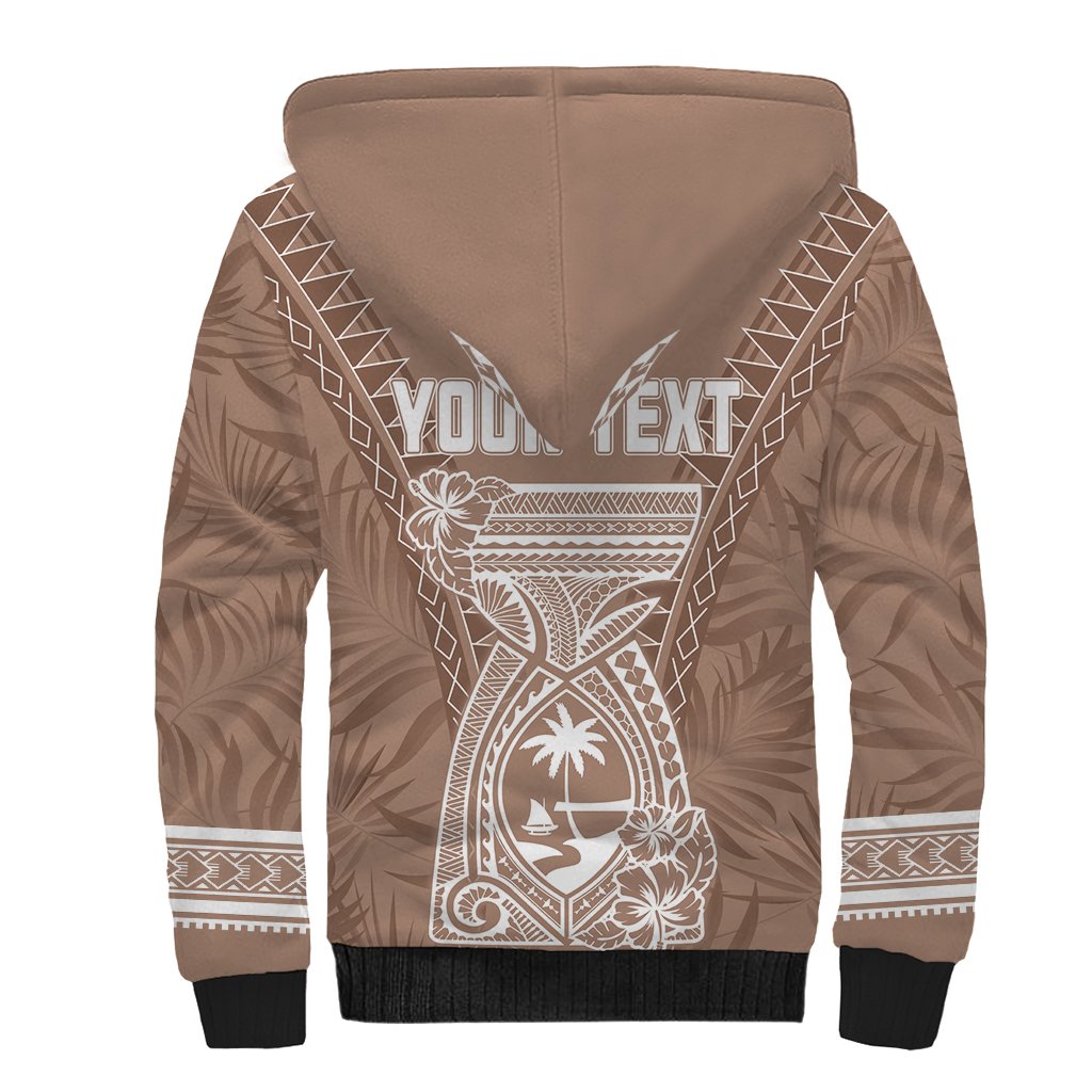 Sherpa hoodie in brown with tropical graphic and white YOUR TEXT front print