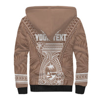 Sherpa hoodie in brown with tropical graphic and white YOUR TEXT front print