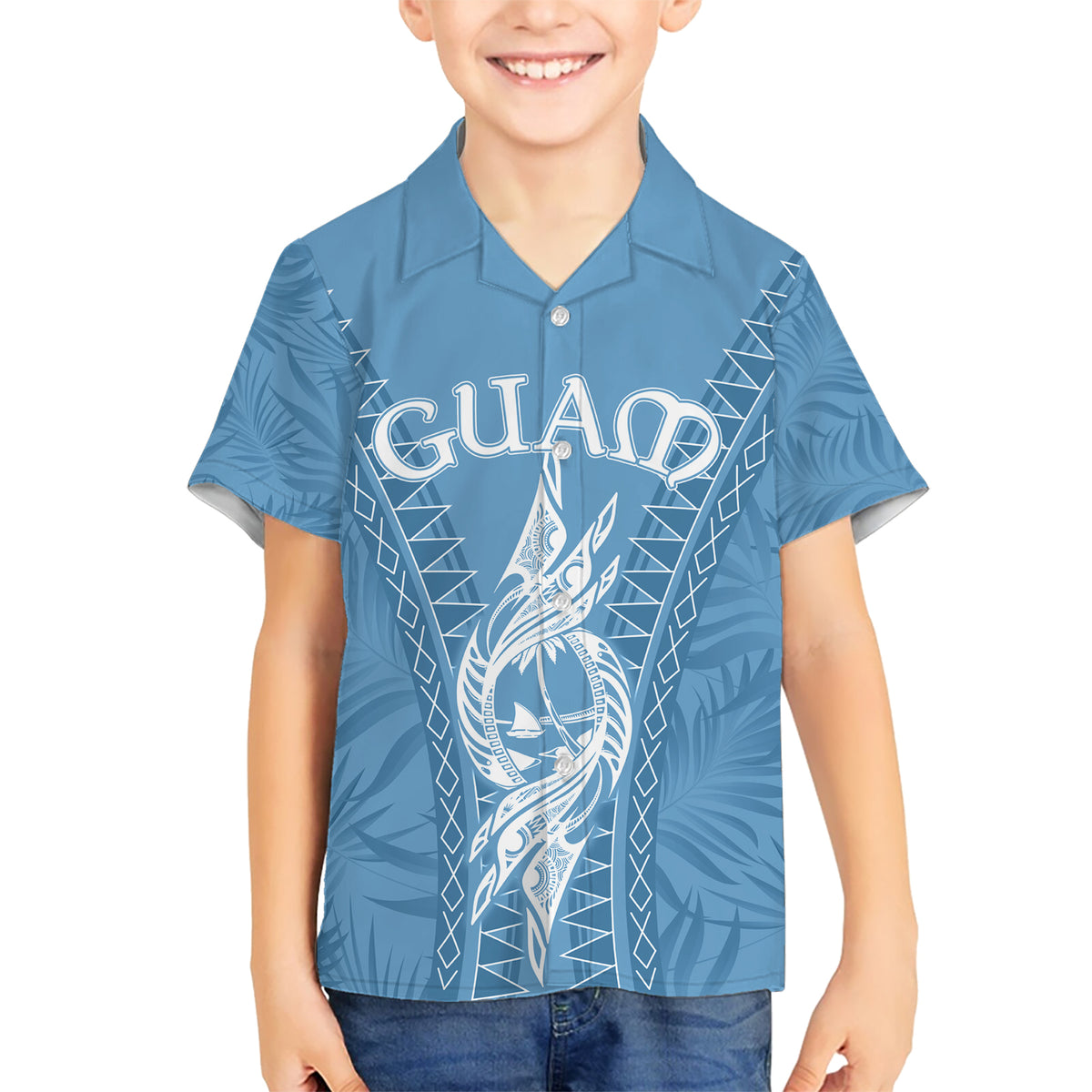 Personalised Guam Hawaiian Shirt Chamoro Latte Stone Mix Tropical - Blue - Wonder Print Shop