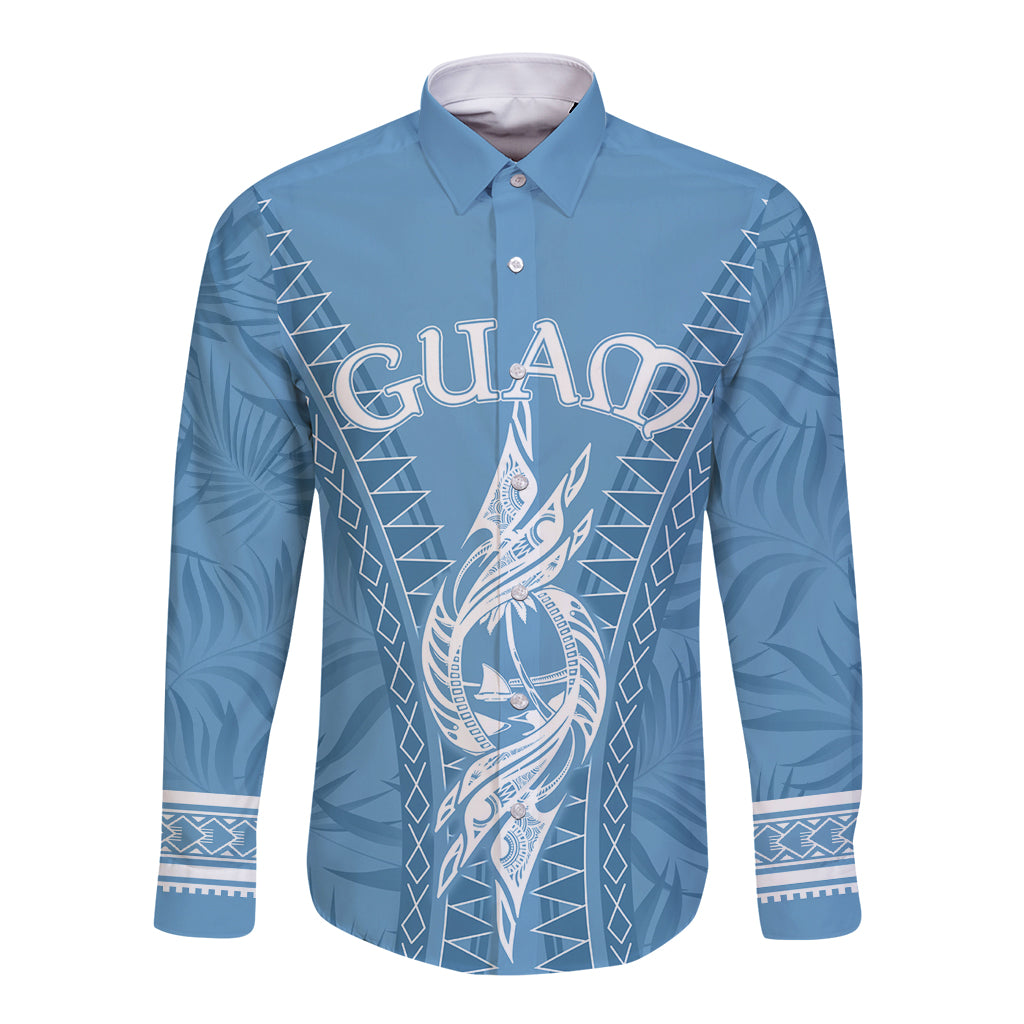 Personalised Guam Long Sleeve Button Shirt Chamoro Latte Stone Mix Tropical - Blue - Wonder Print Shop