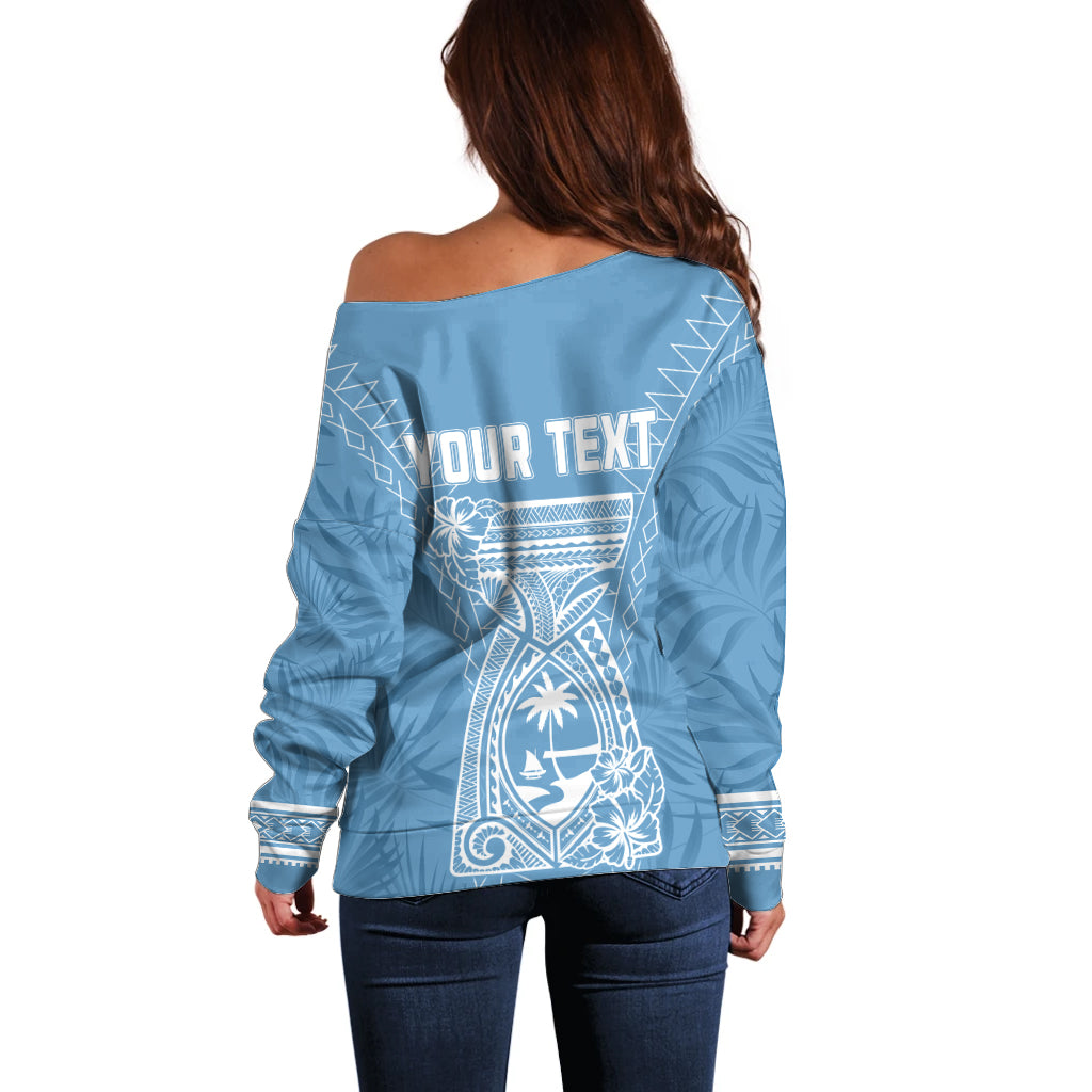 Personalised Guam Off Shoulder Sweater Chamoro Latte Stone Mix Tropical - Blue - Wonder Print Shop