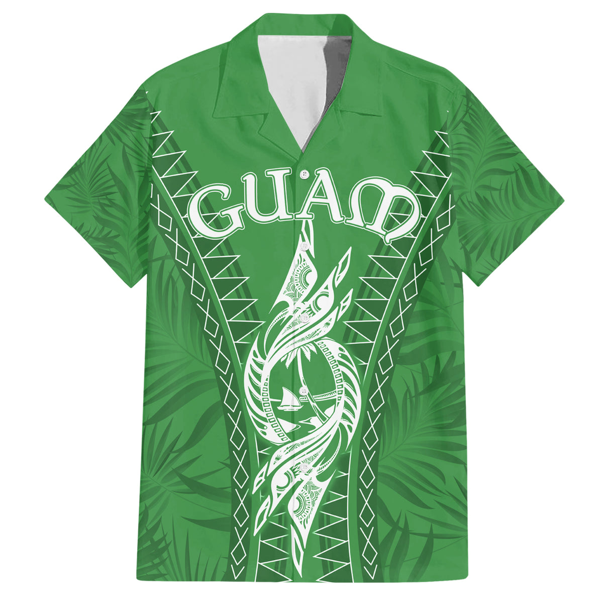 Personalised Guam Hawaiian Shirt Chamoro Latte Stone Mix Tropical - Green - Wonder Print Shop