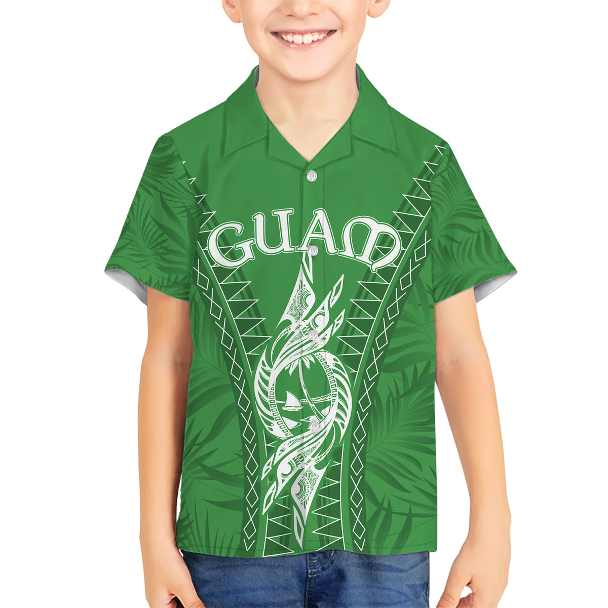 Personalised Guam Hawaiian Shirt Chamoro Latte Stone Mix Tropical - Green - Wonder Print Shop