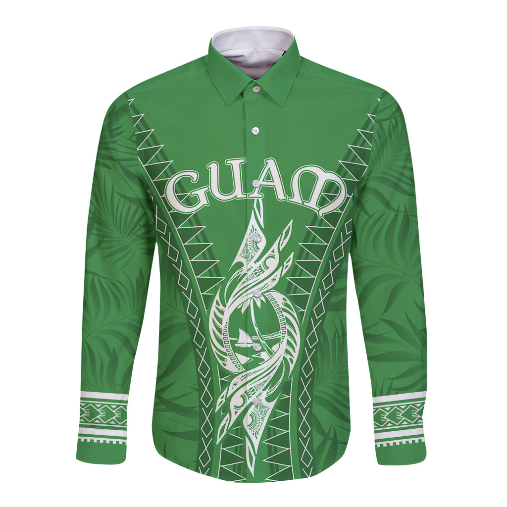 Personalised Guam Long Sleeve Button Shirt Chamoro Latte Stone Mix Tropical - Green - Wonder Print Shop