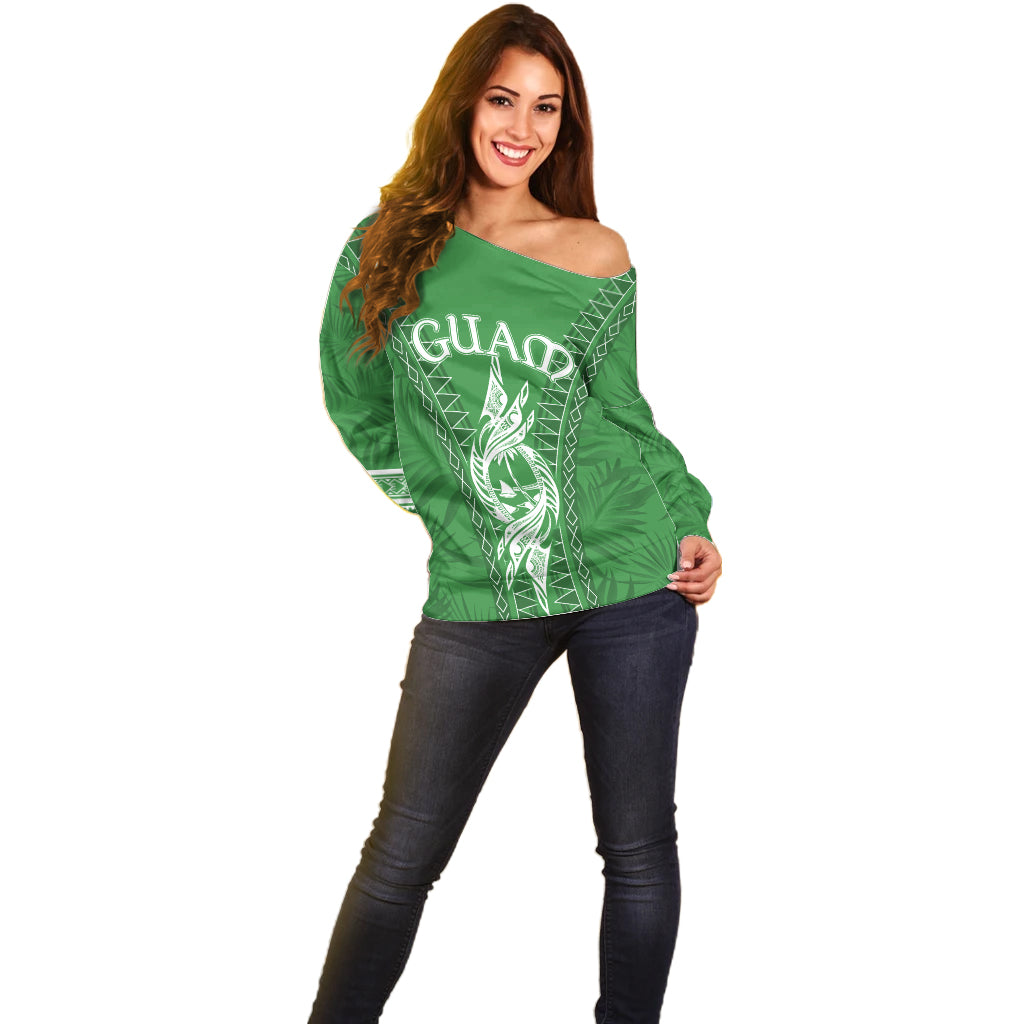 Personalised Guam Off Shoulder Sweater Chamoro Latte Stone Mix Tropical - Green - Wonder Print Shop