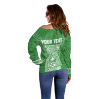 Personalised Guam Off Shoulder Sweater Chamoro Latte Stone Mix Tropical - Green - Wonder Print Shop