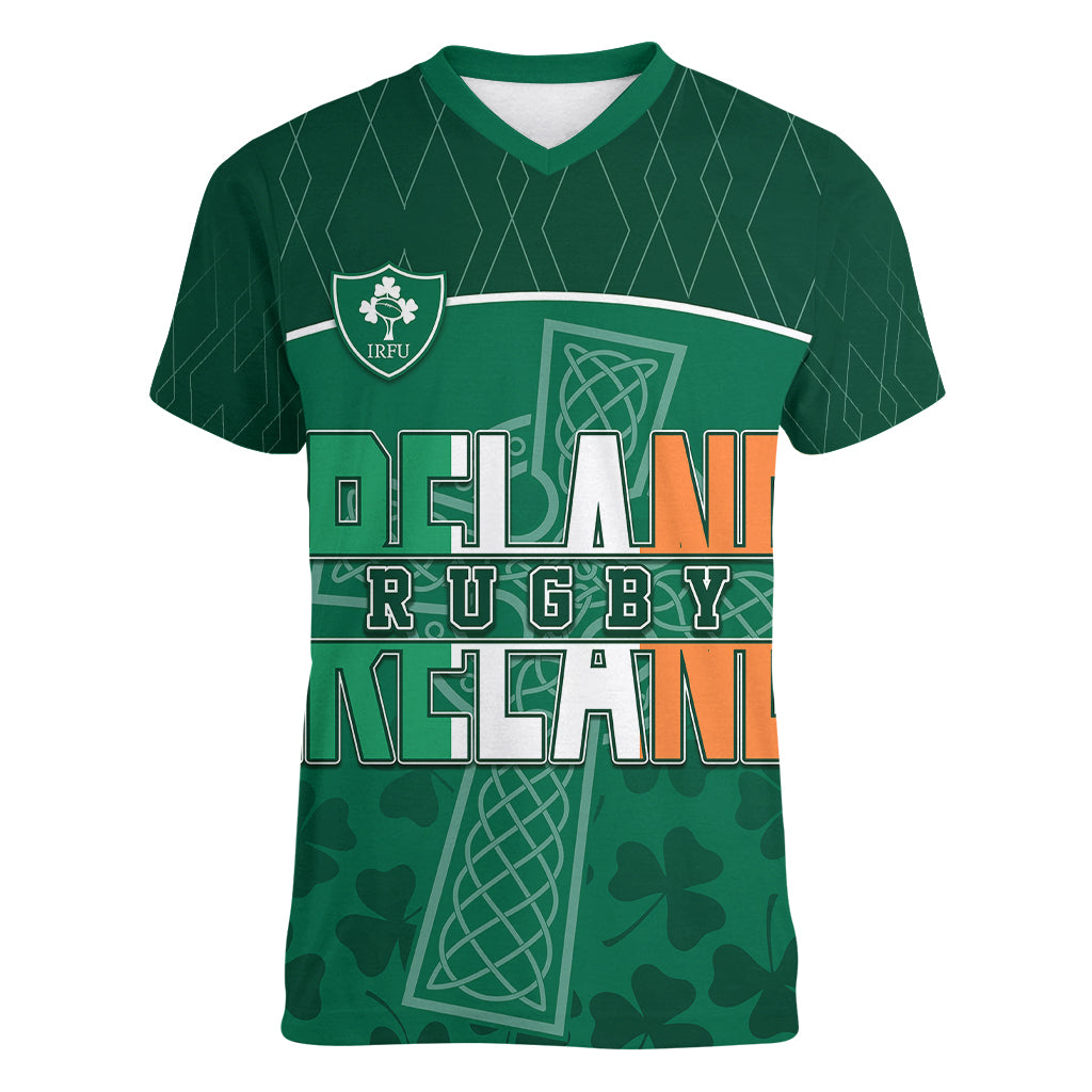 Personalised Ireland Rugby 2023 Women V Neck T Shirt Celtic Cross Mix Shamrocks - Wonder Print Shop