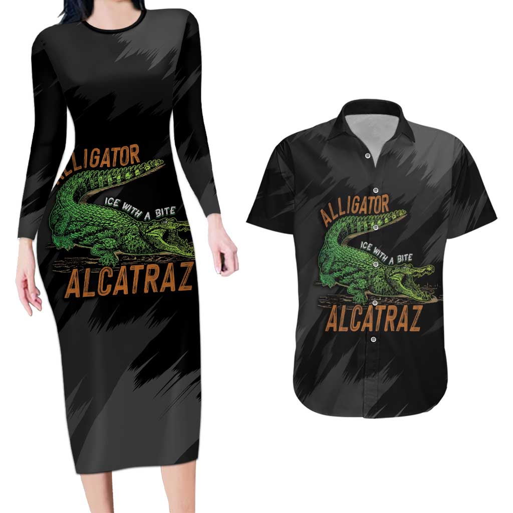 Alligator Alcatraz Couples Matching Long Sleeve Bodycon Dress and Hawaiian Shirt ICE With A Bite - Wonder Print Shop