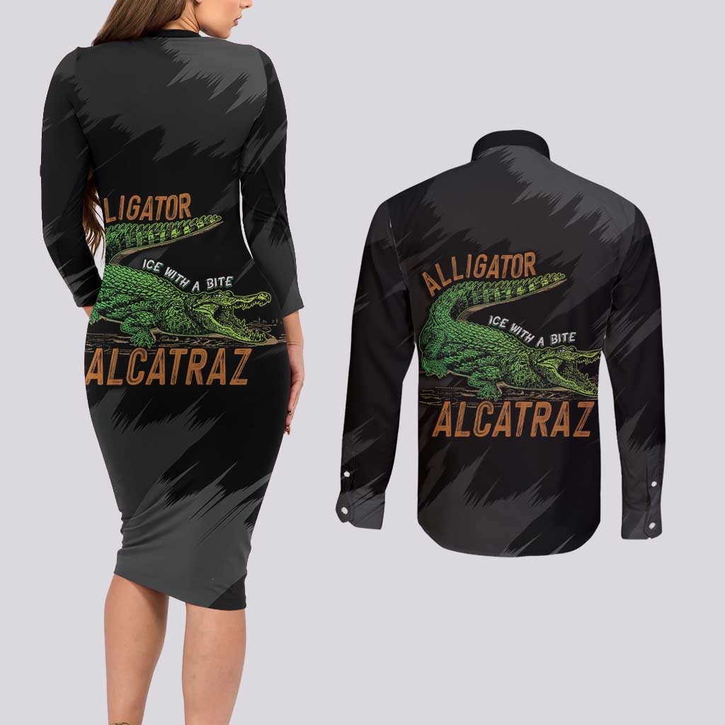 Alligator Alcatraz Couples Matching Long Sleeve Bodycon Dress and Long Sleeve Button Shirt ICE With A Bite - Wonder Print Shop