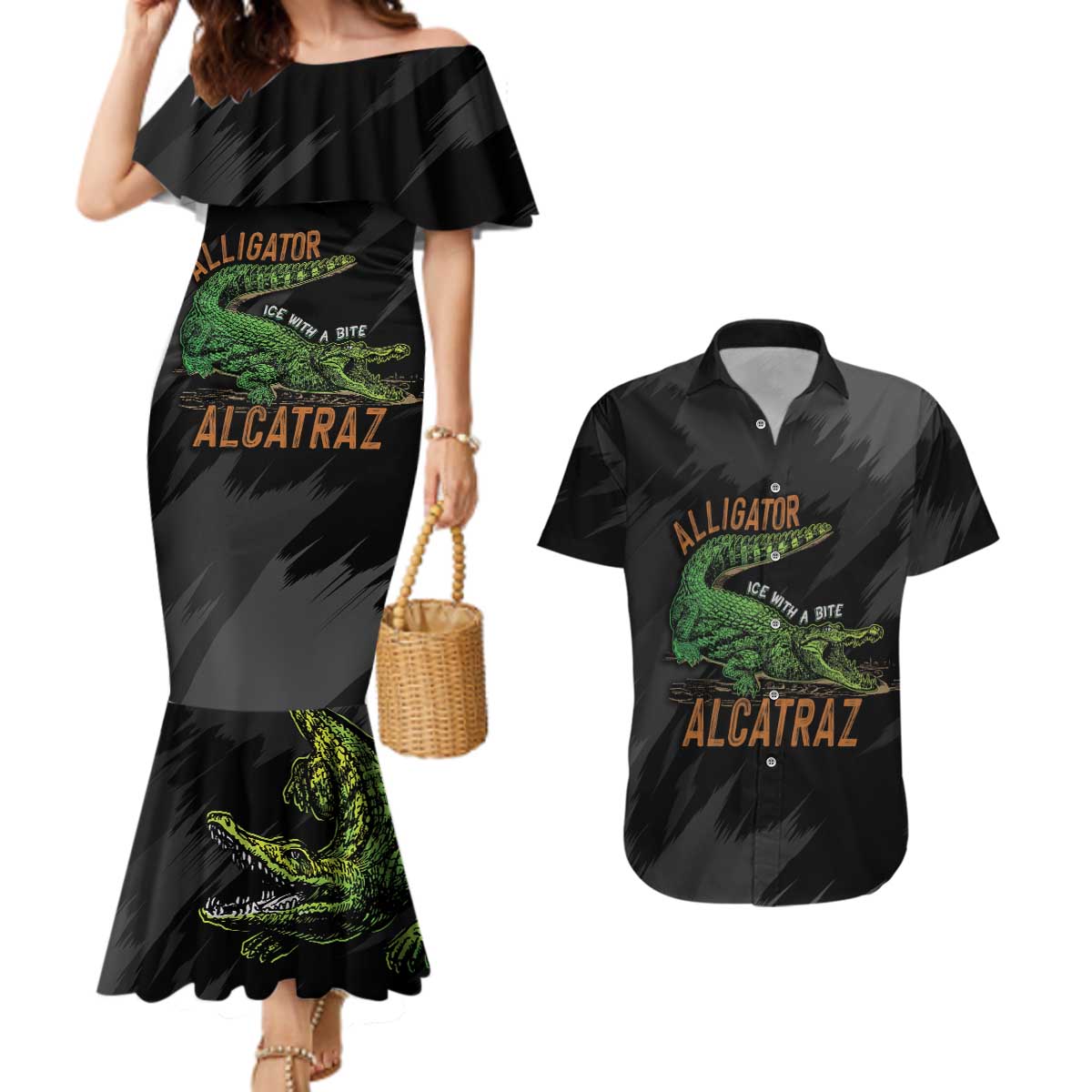 Alligator Alcatraz Couples Matching Mermaid Dress and Hawaiian Shirt ICE With A Bite - Wonder Print Shop