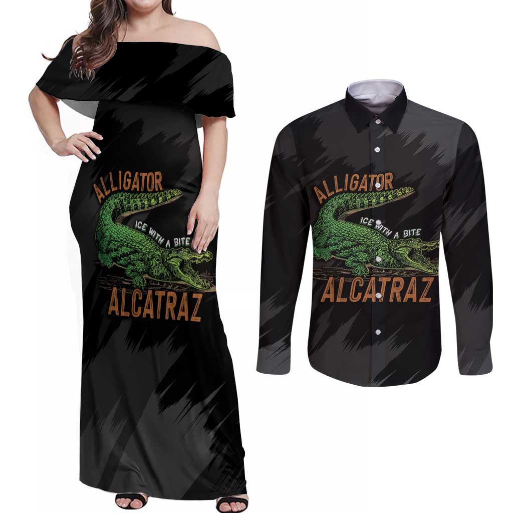 Alligator Alcatraz Couples Matching Off Shoulder Maxi Dress and Long Sleeve Button Shirt ICE With A Bite - Wonder Print Shop