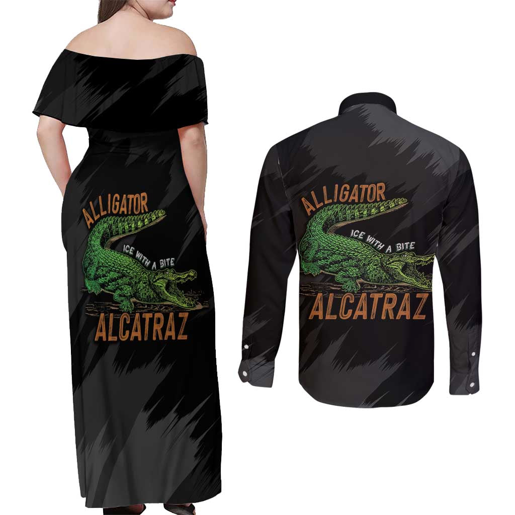 Alligator Alcatraz Couples Matching Off Shoulder Maxi Dress and Long Sleeve Button Shirt ICE With A Bite - Wonder Print Shop