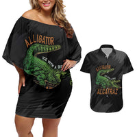 Alligator Alcatraz Couples Matching Off Shoulder Short Dress and Hawaiian Shirt ICE With A Bite - Wonder Print Shop