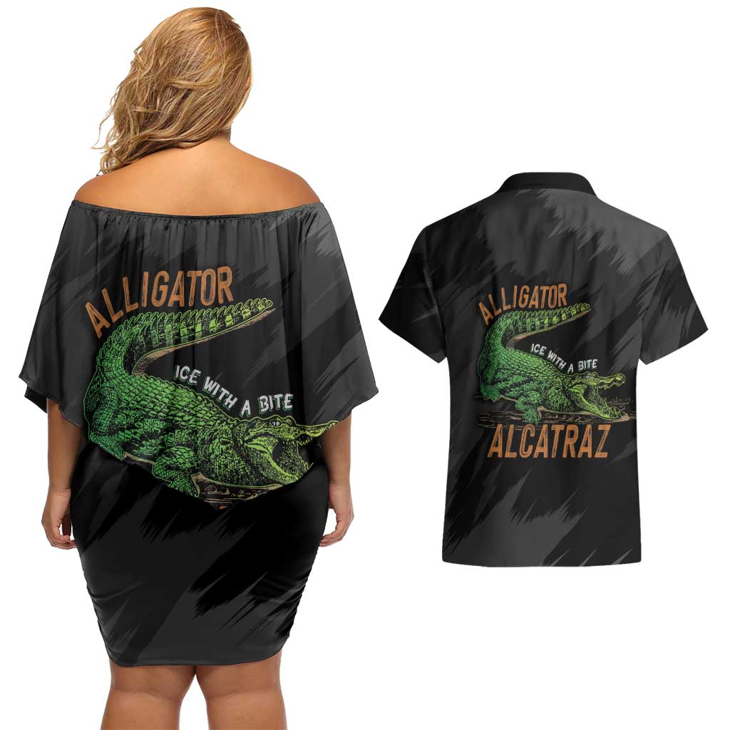 Alligator Alcatraz Couples Matching Off Shoulder Short Dress and Hawaiian Shirt ICE With A Bite - Wonder Print Shop