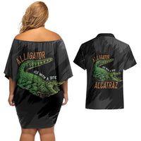 Alligator Alcatraz Couples Matching Off Shoulder Short Dress and Hawaiian Shirt ICE With A Bite - Wonder Print Shop