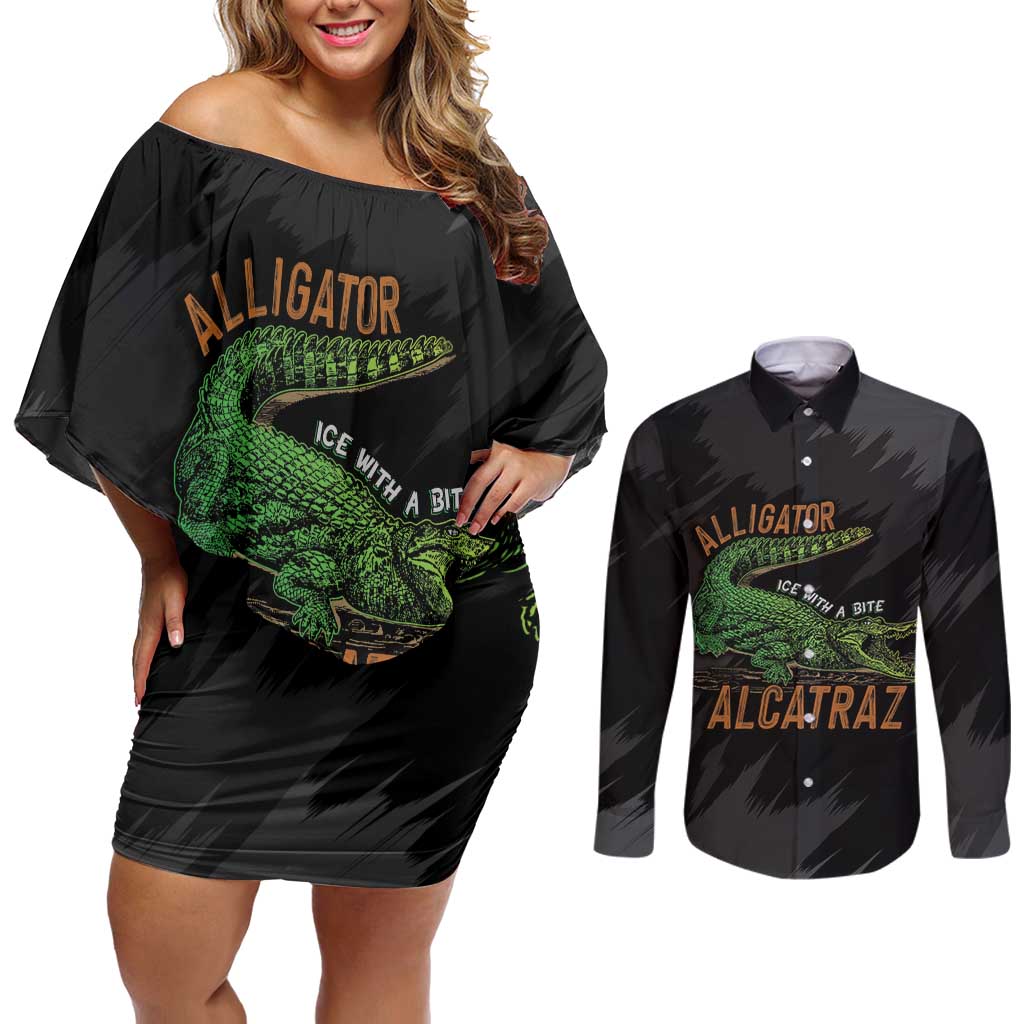 Alligator Alcatraz Couples Matching Off Shoulder Short Dress and Long Sleeve Button Shirt ICE With A Bite - Wonder Print Shop