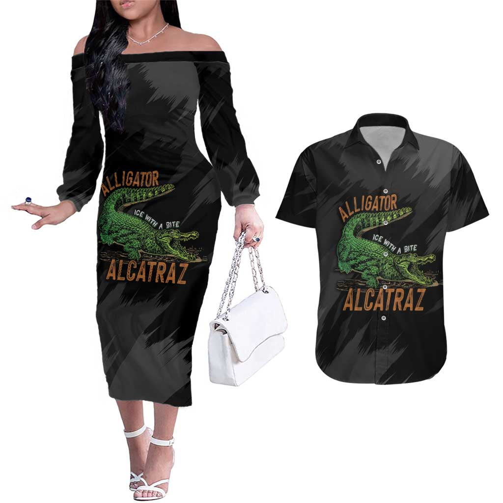 Alligator Alcatraz Couples Matching Off The Shoulder Long Sleeve Dress and Hawaiian Shirt ICE With A Bite - Wonder Print Shop