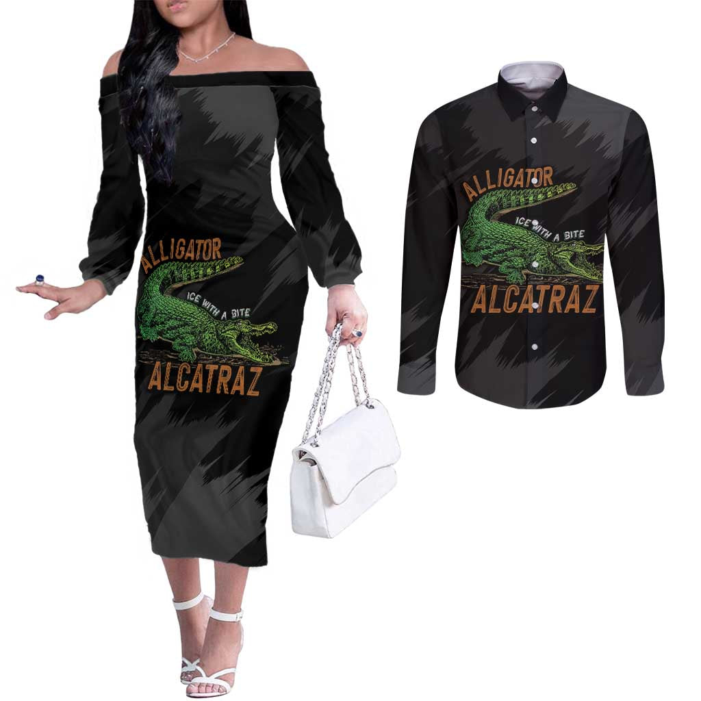 Alligator Alcatraz Couples Matching Off The Shoulder Long Sleeve Dress and Long Sleeve Button Shirt ICE With A Bite - Wonder Print Shop
