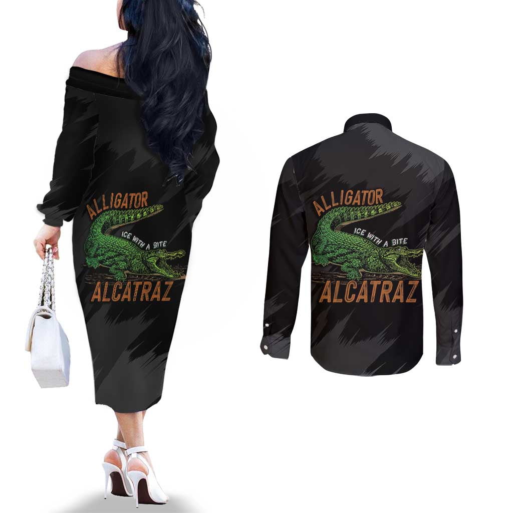 Alligator Alcatraz Couples Matching Off The Shoulder Long Sleeve Dress and Long Sleeve Button Shirt ICE With A Bite - Wonder Print Shop