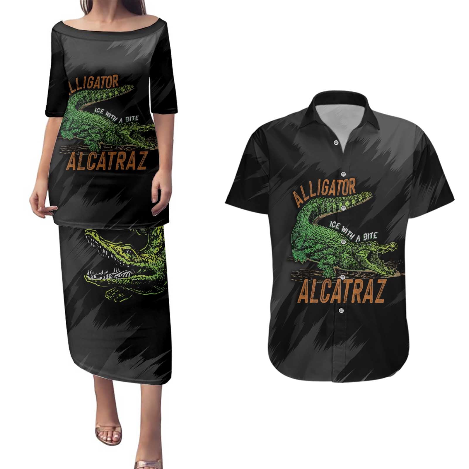Alligator Alcatraz Couples Matching Puletasi and Hawaiian Shirt ICE With A Bite - Wonder Print Shop