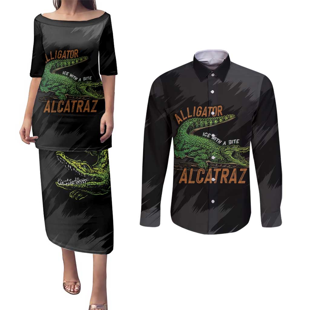 Alligator Alcatraz Couples Matching Puletasi and Long Sleeve Button Shirt ICE With A Bite - Wonder Print Shop