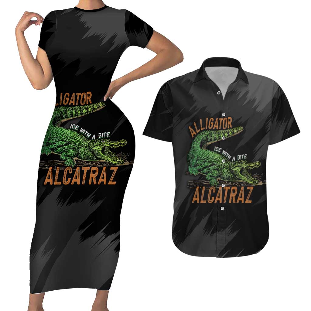 Alligator Alcatraz Couples Matching Short Sleeve Bodycon Dress and Hawaiian Shirt ICE With A Bite - Wonder Print Shop