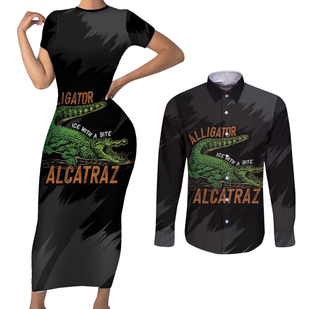 Alligator Alcatraz Couples Matching Short Sleeve Bodycon Dress and Long Sleeve Button Shirt ICE With A Bite - Wonder Print Shop