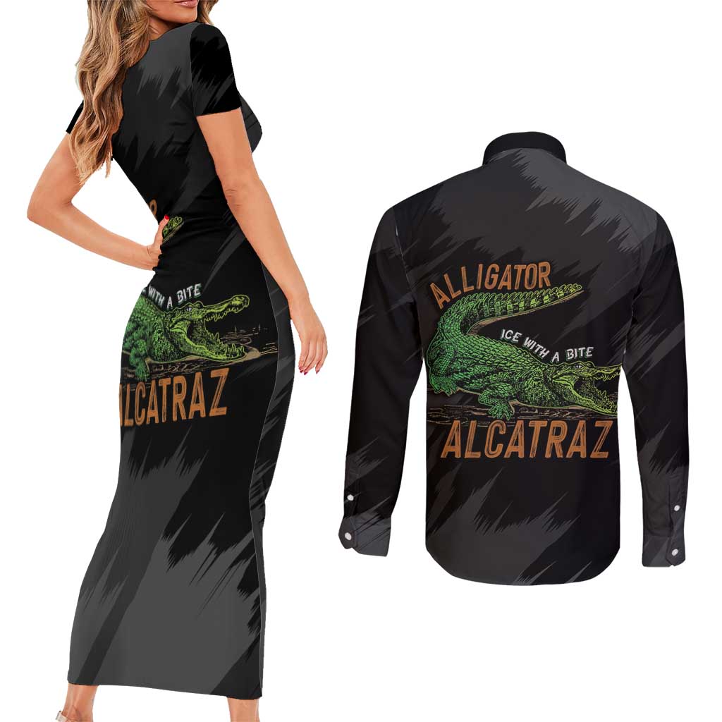 Alligator Alcatraz Couples Matching Short Sleeve Bodycon Dress and Long Sleeve Button Shirt ICE With A Bite - Wonder Print Shop