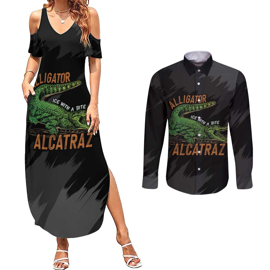 Alligator Alcatraz Couples Matching Summer Maxi Dress and Long Sleeve Button Shirt ICE With A Bite - Wonder Print Shop