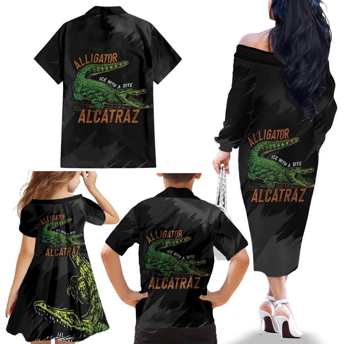 Alligator Alcatraz Family Matching Off The Shoulder Long Sleeve Dress and Hawaiian Shirt ICE With A Bite - Wonder Print Shop