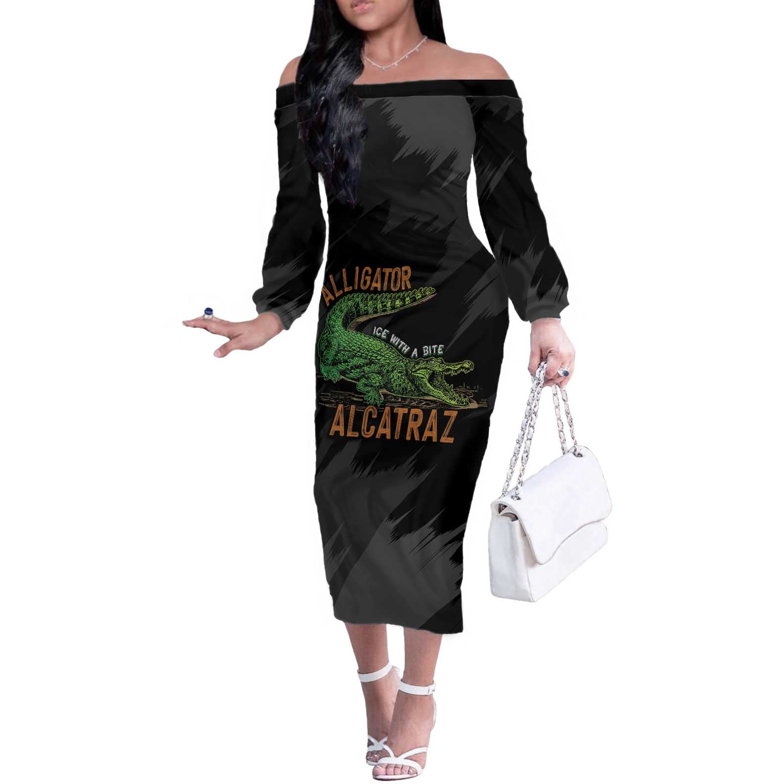 Alligator Alcatraz Off The Shoulder Long Sleeve Dress ICE With A Bite - Wonder Print Shop