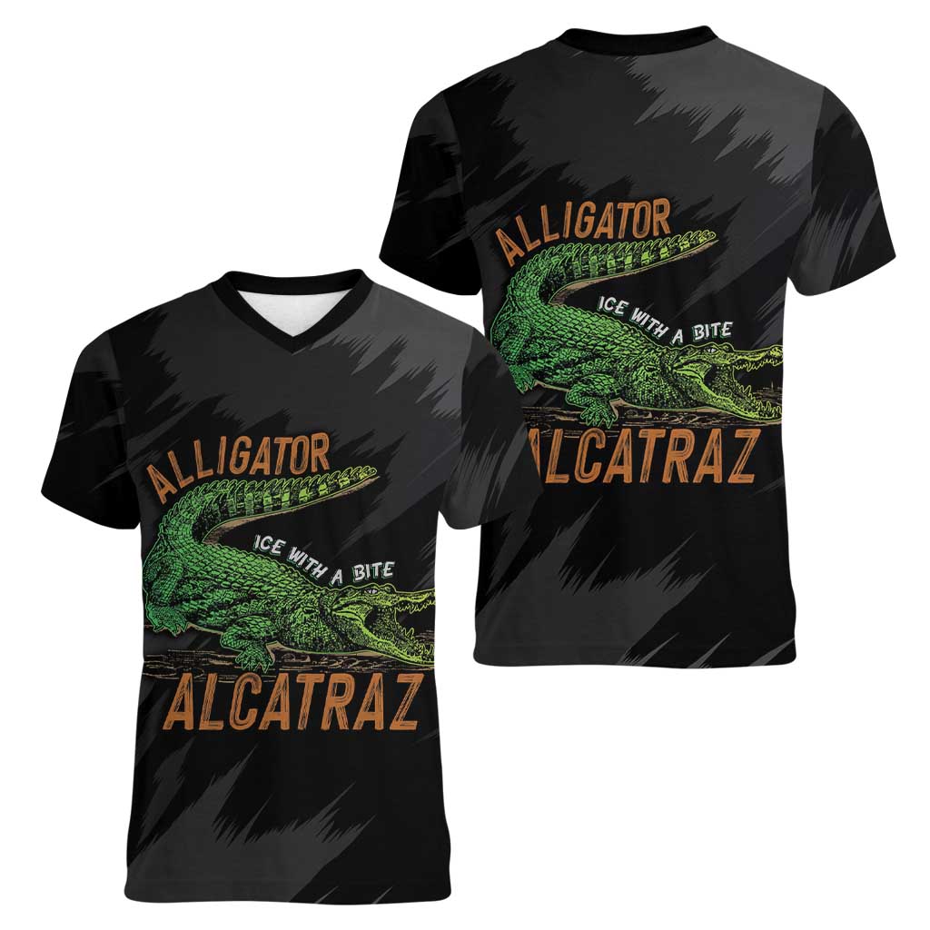 Alligator Alcatraz Women V-Neck T-Shirt ICE With A Bite - Wonder Print Shop