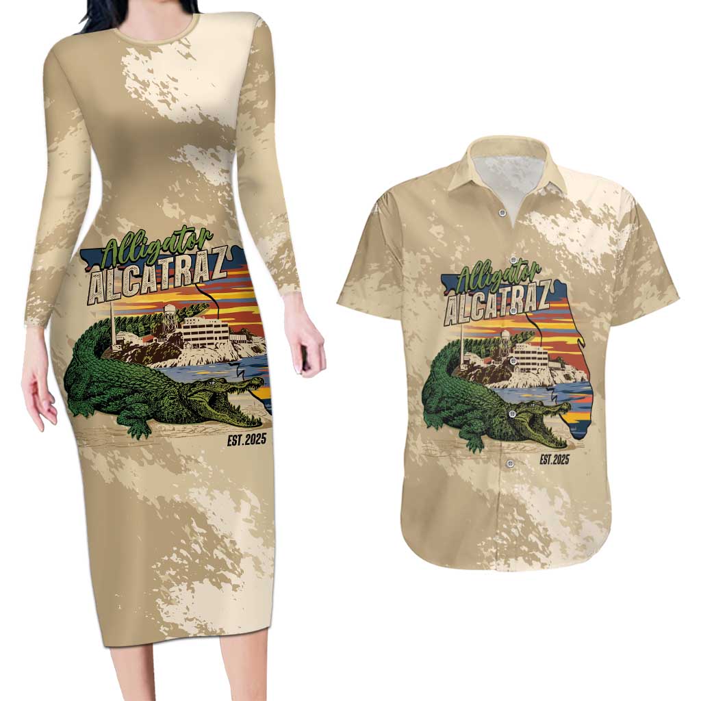 Alligator Alcatraz Retro Couples Matching Long Sleeve Bodycon Dress and Hawaiian Shirt The Swamp - Wonder Print Shop