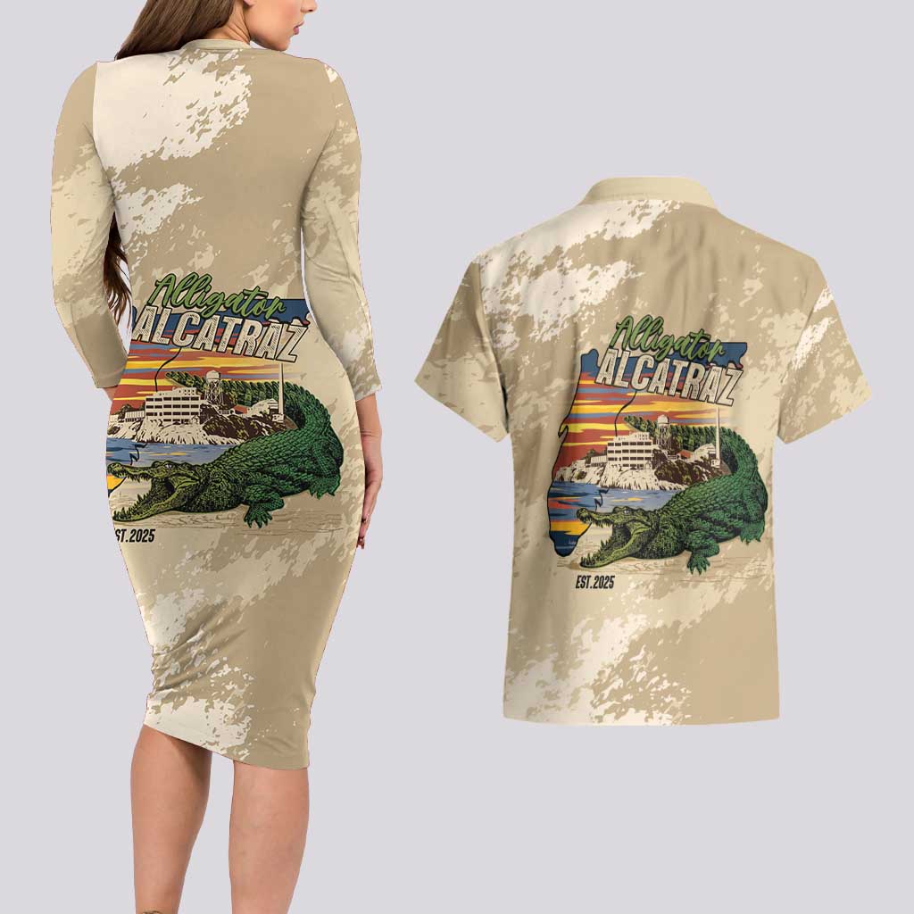 Alligator Alcatraz Retro Couples Matching Long Sleeve Bodycon Dress and Hawaiian Shirt The Swamp - Wonder Print Shop