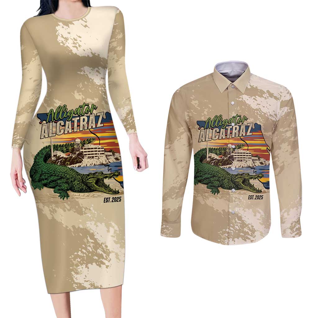 Alligator Alcatraz Retro Couples Matching Long Sleeve Bodycon Dress and Long Sleeve Button Shirt The Swamp - Wonder Print Shop