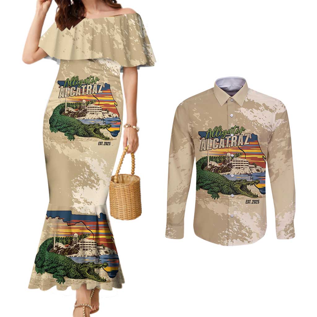 Alligator Alcatraz Retro Couples Matching Mermaid Dress and Long Sleeve Button Shirt The Swamp - Wonder Print Shop